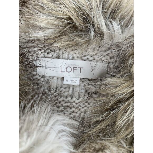 Loft Cable Knit Sweater Vest Wool Blend Faux Fur Collar Zip Up Pockets Brown M - Picture 6 of 6
